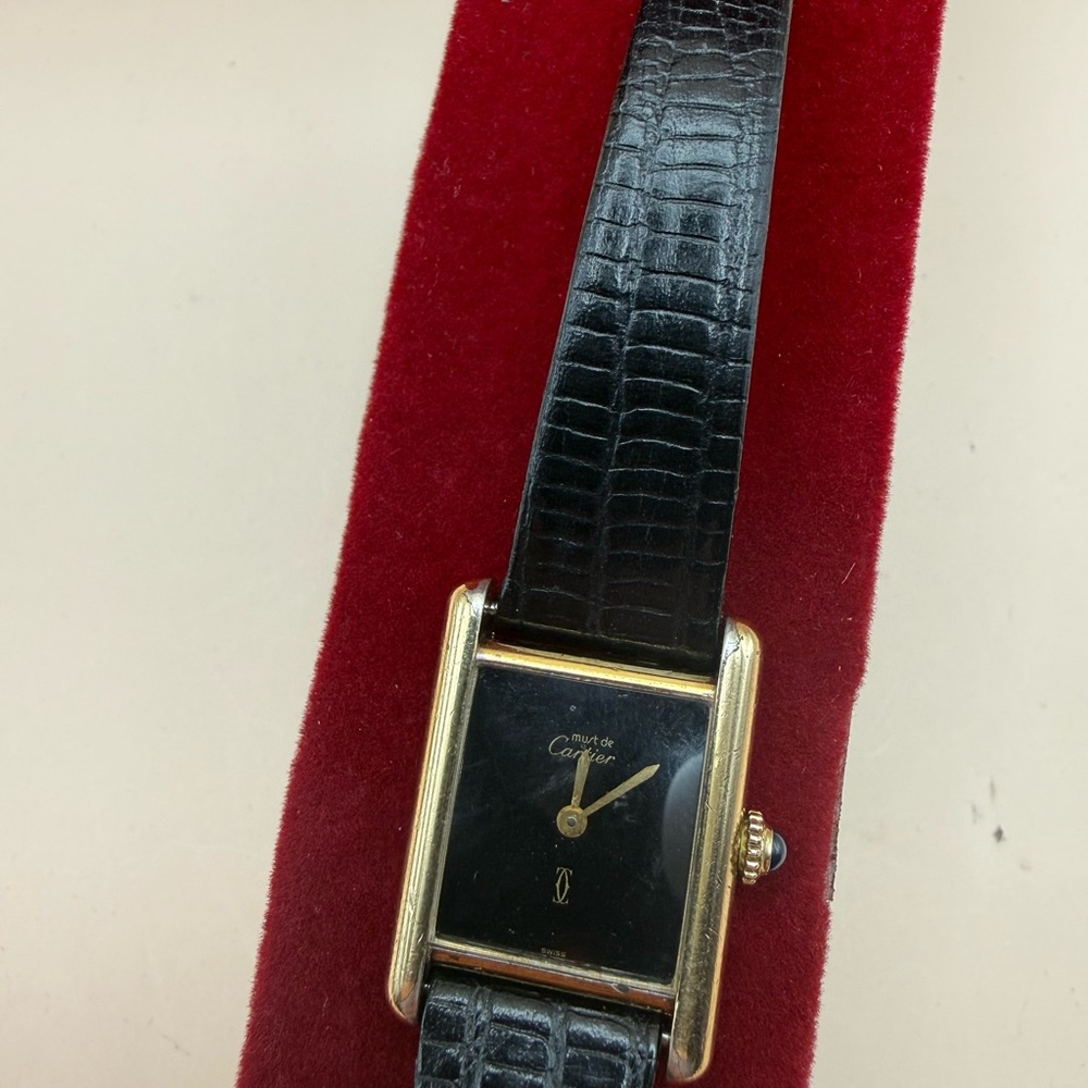 Cartier Tank Style With Black Dial, Solid Sterling Silver Plated in 18k Gold